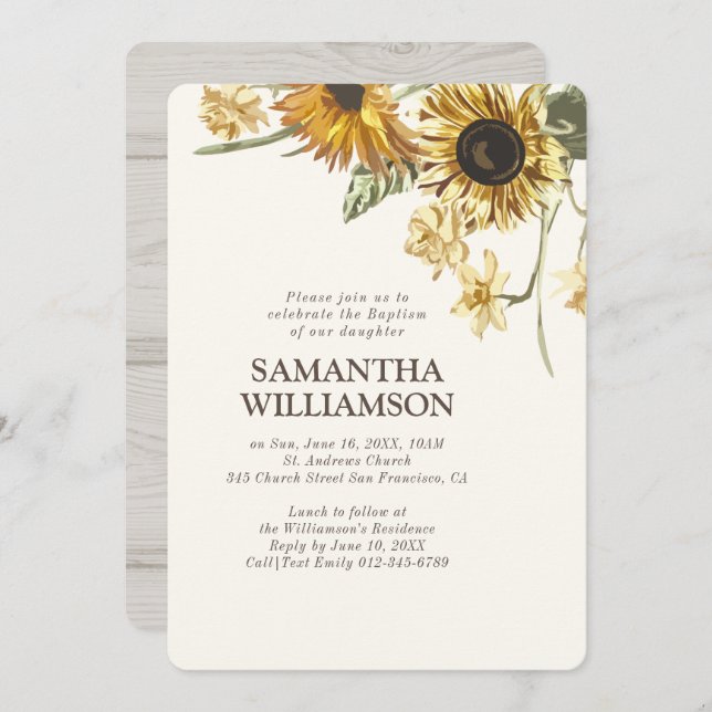 Baptism For Her Rustic Sunflower Florals Invitation (Front/Back)