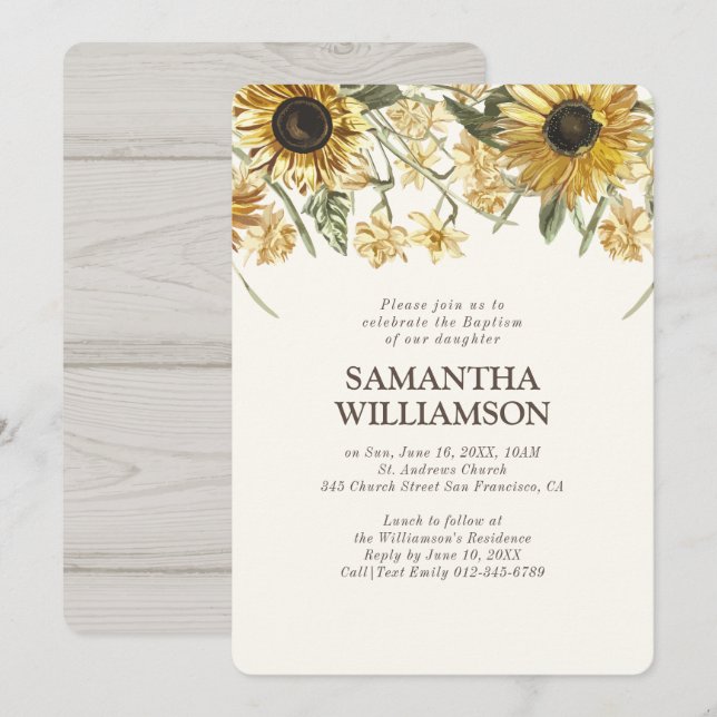 Baptism For Her Rustic Sunflower Florals Invitation (Front/Back)