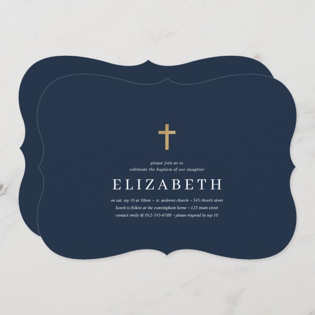 Baptism For Her | Simple and Modern Gold Cross Invitation (Front/Back)