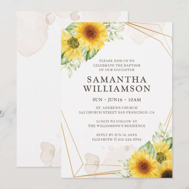 Baptism For Her Sunflower Floral Geometric Invitation (Front/Back)