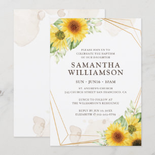 Baptism For Her Sunflower Floral Geometric Invitation