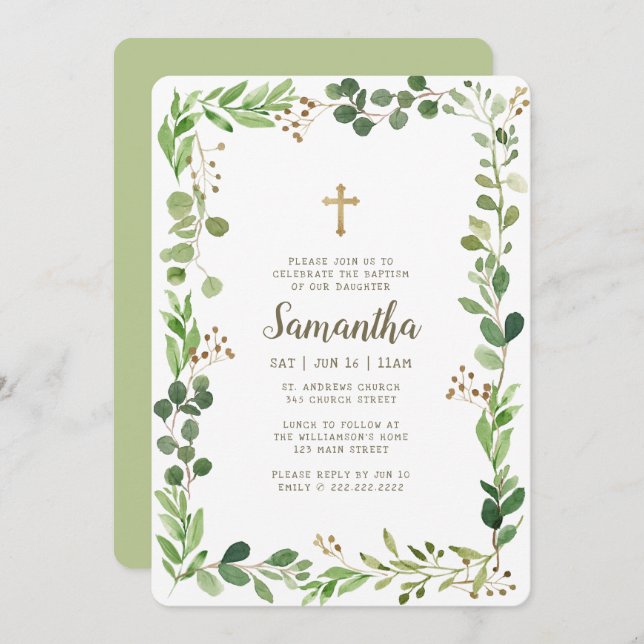 Baptism For Her Watercolor Foliage Cross Invitation (Front/Back)