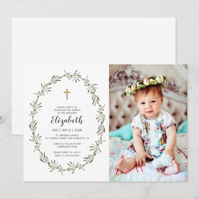Baptism For Her Watercolor Green Foliage Invitation (Front/Back)
