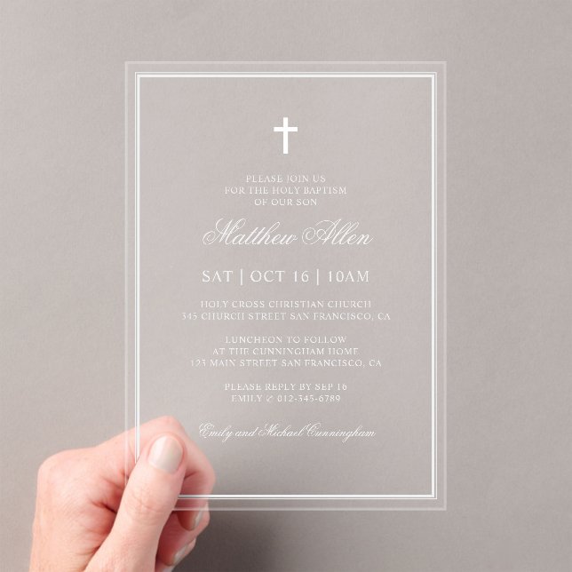Baptism For Him | Elegant Classic Cross Acrylic Invitations (Insitu (Handheld))