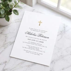 Baptism For Him   Minimalist Gold Cross Invitation