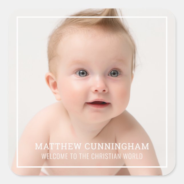 Baptism For Him | Modern Simple Frame Custom Photo Square Sticker (Front)