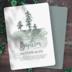 Baptism For Him   Watercolor Pine Trees Invitation