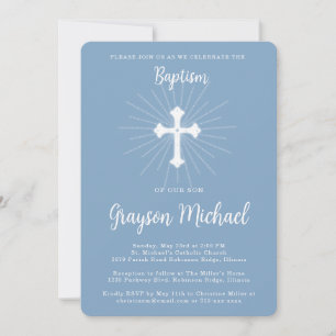 Baptism for Son Dusty Blue Cross Invitation