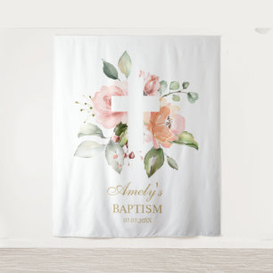 Baptism Girl Backdrop - Blush Pink Flowers Cross Tapestry