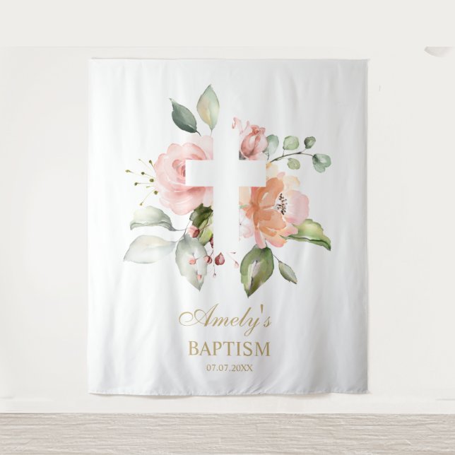 Baptism Girl Backdrop - Blush Pink Flowers Cross Tapestry (Front)
