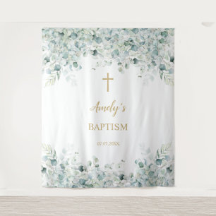 Baptism Girl Backdrop - Greenery Eucalyptus & Gold Tapestry
