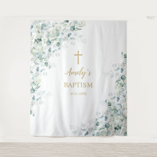 Baptism Girl Backdrop - Greenery Eucalyptus Tapestry