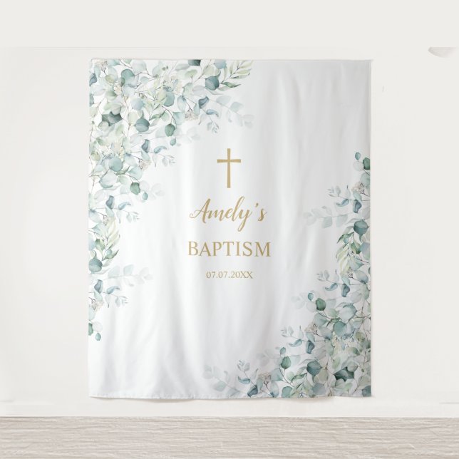 Baptism Girl Backdrop - Greenery Eucalyptus Tapestry (Front)