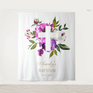 Baptism Girl Backdrop - Purple Flowers Cross Tapestry