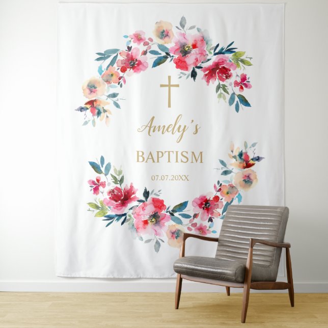Baptism Girl Backdrop - Red Roses Tapestry (In Situ)