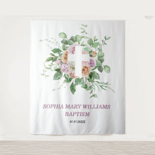 Baptism Girl Backdrop - Romantic Flowers & Cross Tapestry