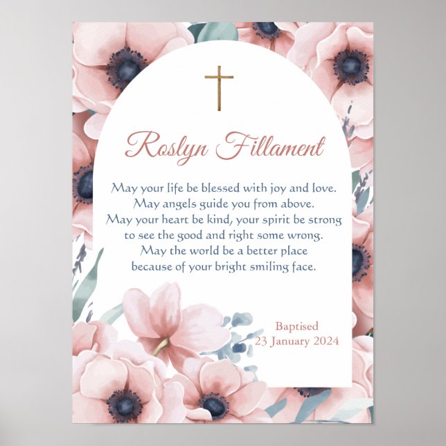 Baptism Girl Big Pink Flowers Around Border Poster (Front)