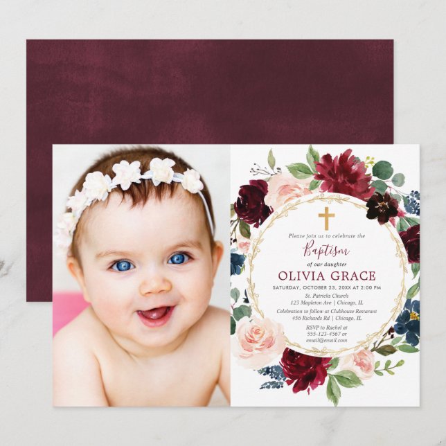 Baptism girl burgundy blush navy blue gold photo invitation (Front/Back)