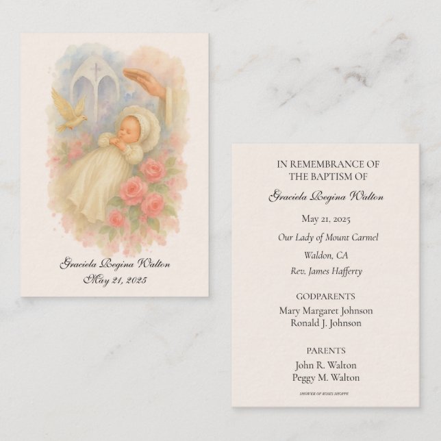 Baptism Girl Floral Pink Remembrance Holy Card (Front/Back)