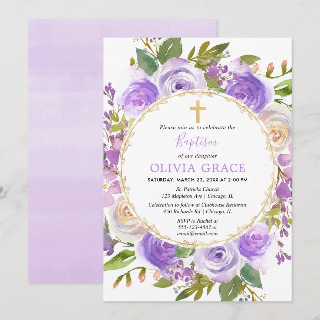 Baptism girl floral purple lavender lilac invitation (Front/Back)