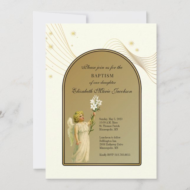 Baptism Girl or Boy Gold Angel Invitation (Front)