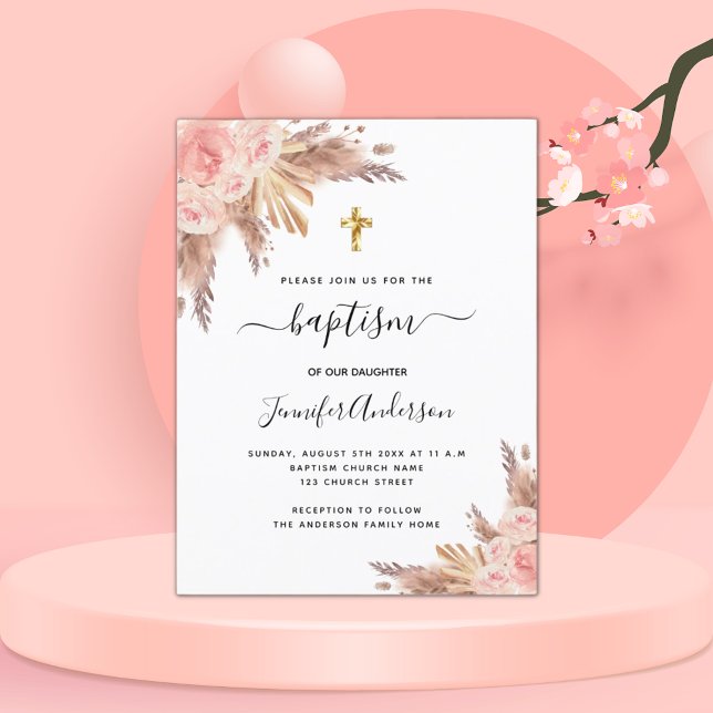 Baptism girl pampas grass rose gold blush pink invitation postcard (Creator Uploaded)