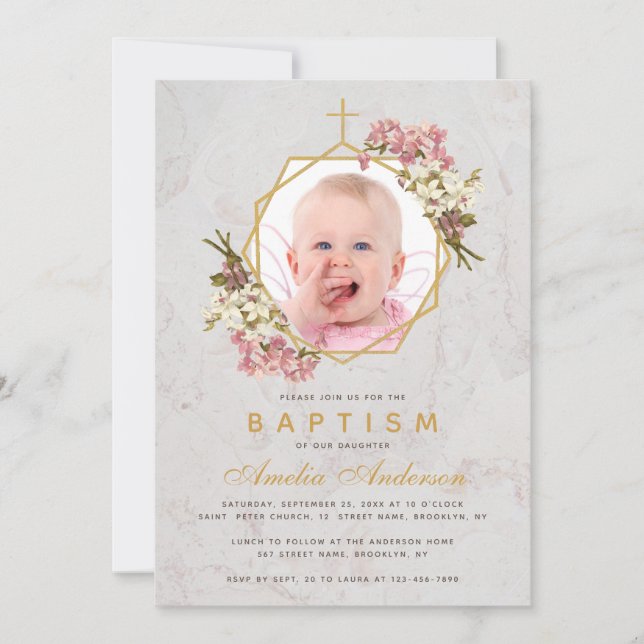 Baptism Girl Photo Floral Gold Pink Orchids Marble Invitation (Front)