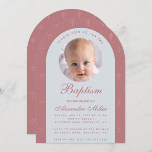 Baptism Girl Photo Modern Arch Dusty Rose Script Invitation