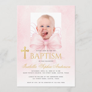 Baptism Girl Photo Pink Bow Faux Gold Cross Script Invitation