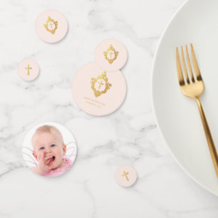 Baptism Girl Photo Pink Faux Gold Vintage Crest  Confetti