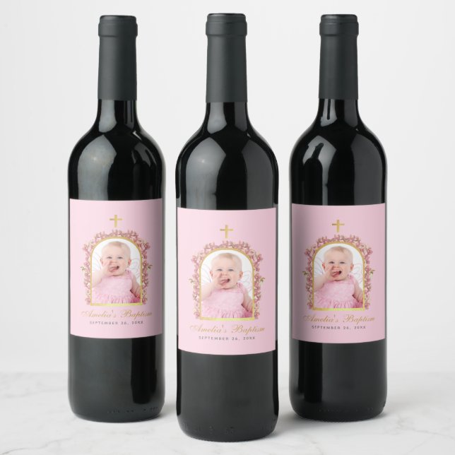Baptism Girl Photo Pink Orchids Floral Gold Arch Wine Label (Bottles)