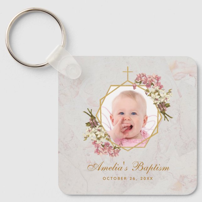 Baptism Girl Photo Pink Orchids Floral Gold Marble Key Ring (Front)