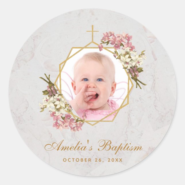 Baptism Girl Photo Pink Orchids Marble Gold Floral Classic Round Sticker (Front)
