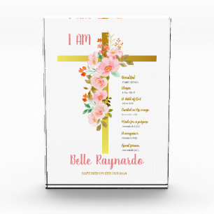 Baptism Girl Pink And Red Flowers On Cross Photo Block