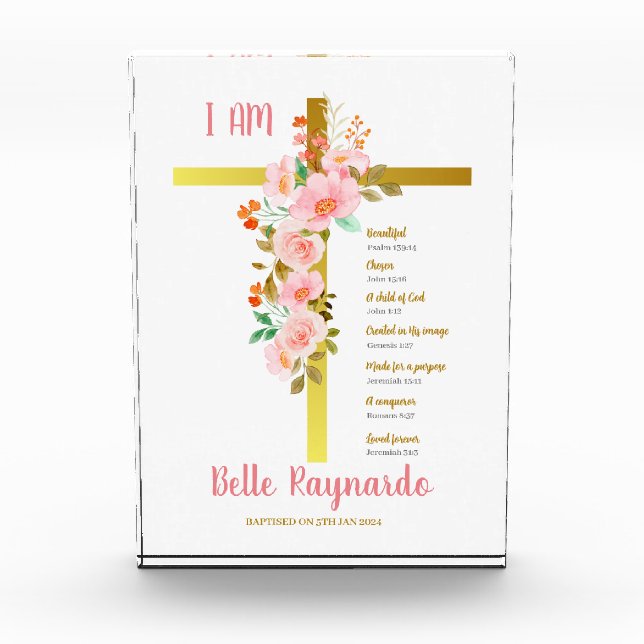 Baptism Girl Pink And Red Flowers On Cross  Photo Block (Front)