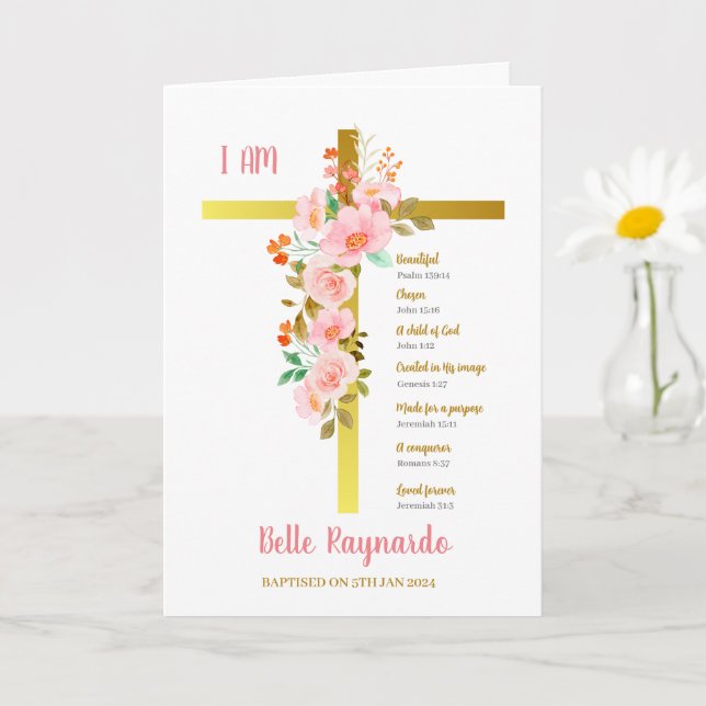 Baptism Girl Pink and Red Flowers On Crucifix Card (Small Plant)
