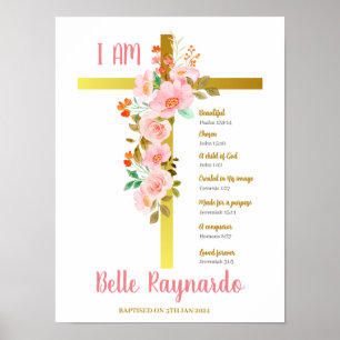 Baptism Girl Pink and Red Flowers On Crucifix Poster