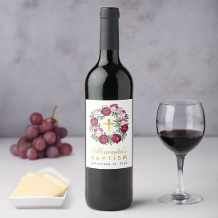 Baptism Girl Pink Burgundy Floral Wreath Faux Gold Wine Label