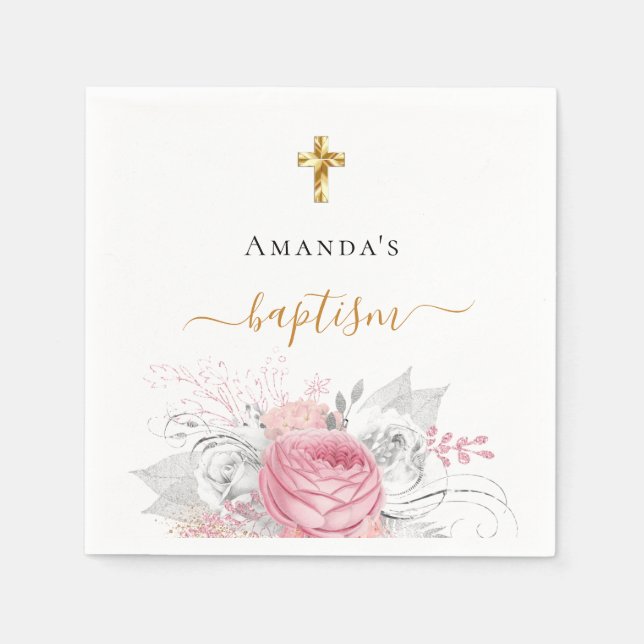Baptism girl pink florals white elegant name napkin (Front)