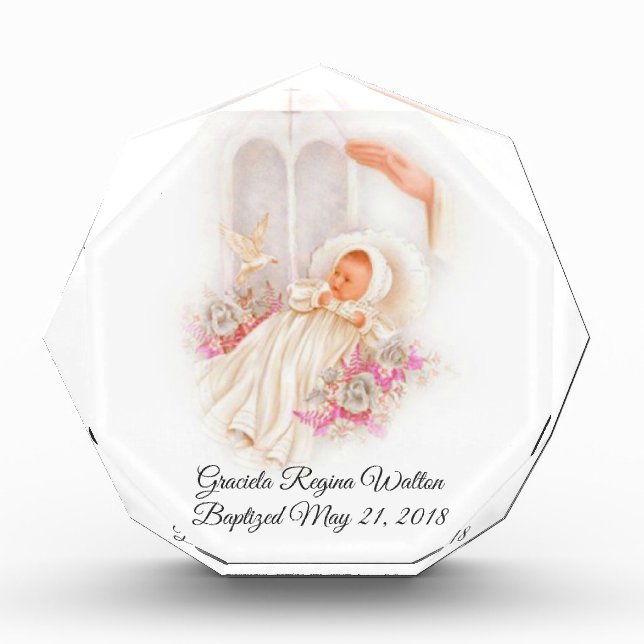 Baptism Girl Pink Flowers Dove Cross Photo Block (Front)
