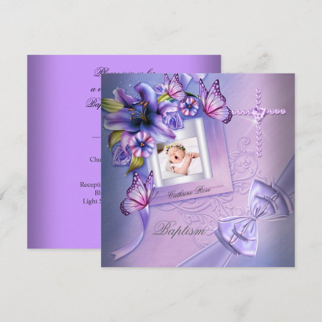 Baptism Girl Pink Purple Photo Christening Invitation (Front/Back)
