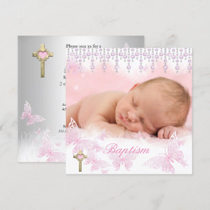 Baptism Girl Pink Silver Butterfly Cross Invitation