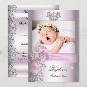 Baptism Girl Pink White Lace Photo Christening Invitation