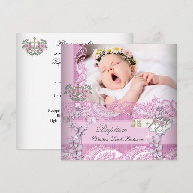 Baptism Girl Pink White Photo Christening Invitation (Front/Back)