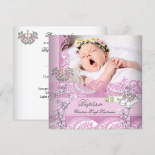 Baptism Girl Pink White Photo Christening Invitation