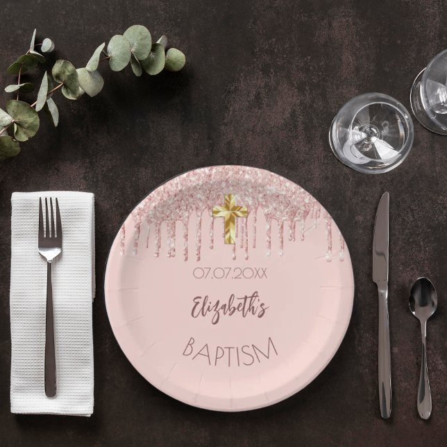 Baptism girl rose gold glitter drips name paper plate (Creator Uploaded)