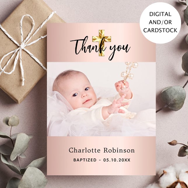 Baptism girl rose gold photo thank you card (Creator Uploaded)