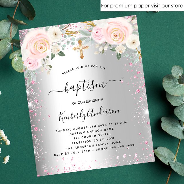 Baptism girl silver pink floral glitter invitation flyer (Creator Uploaded)