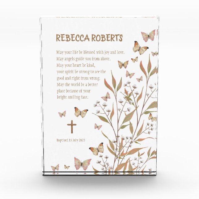 Baptism Girl Watercolour butterflies and flowers Photo Block (Front)
