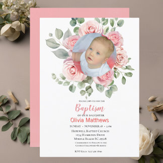 Baptism Girls Photo Pink Roses Invitation